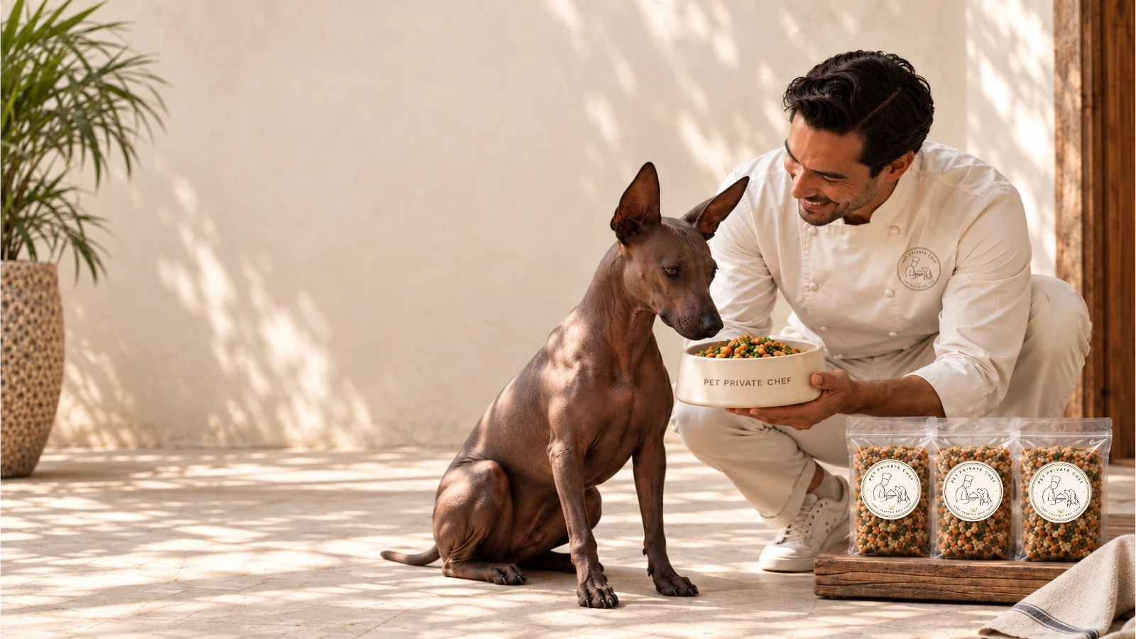 Chef junto a un xoloitzcuintle, un plato de comida fresca y tres bolsas de premios