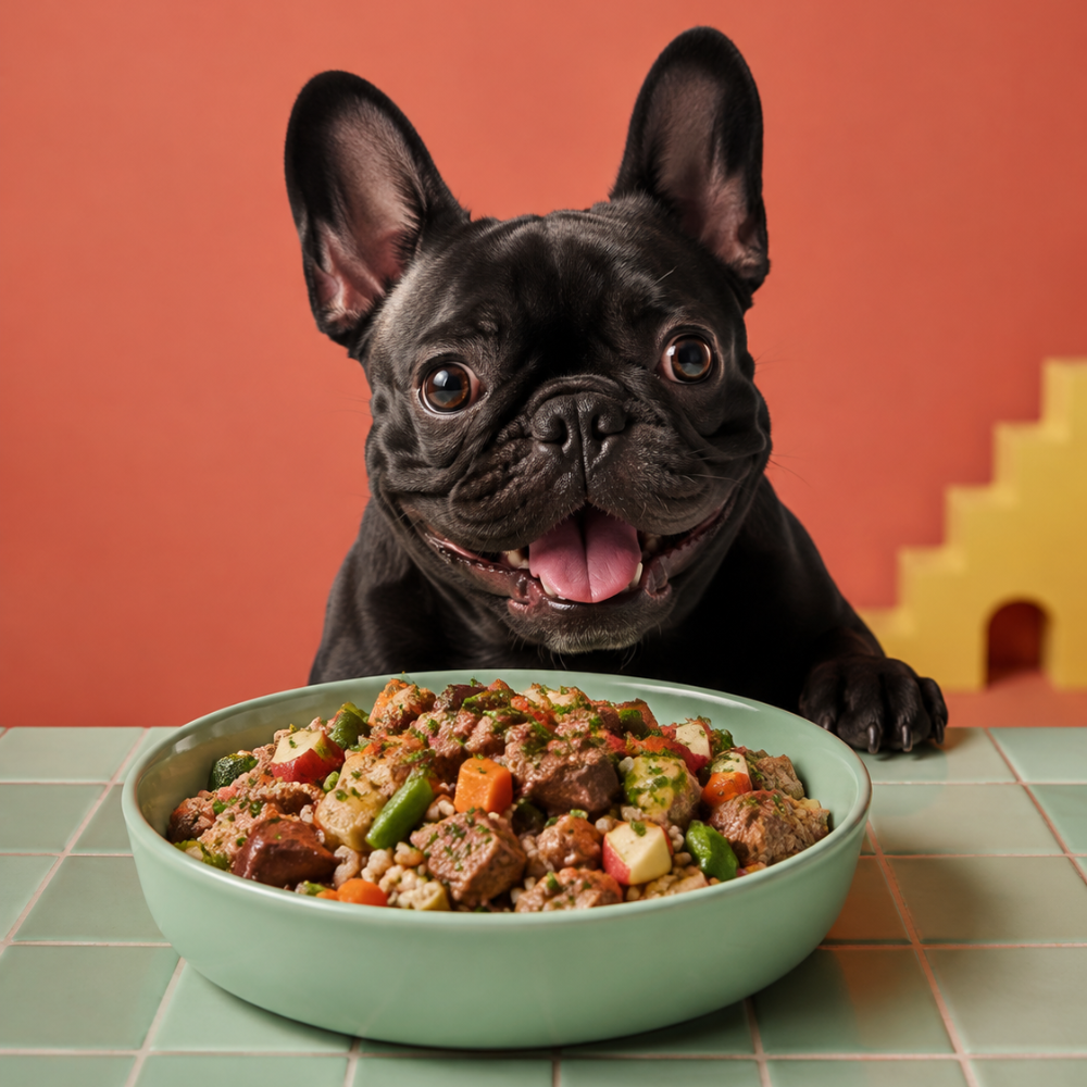 Bulldog francés frente a su plato