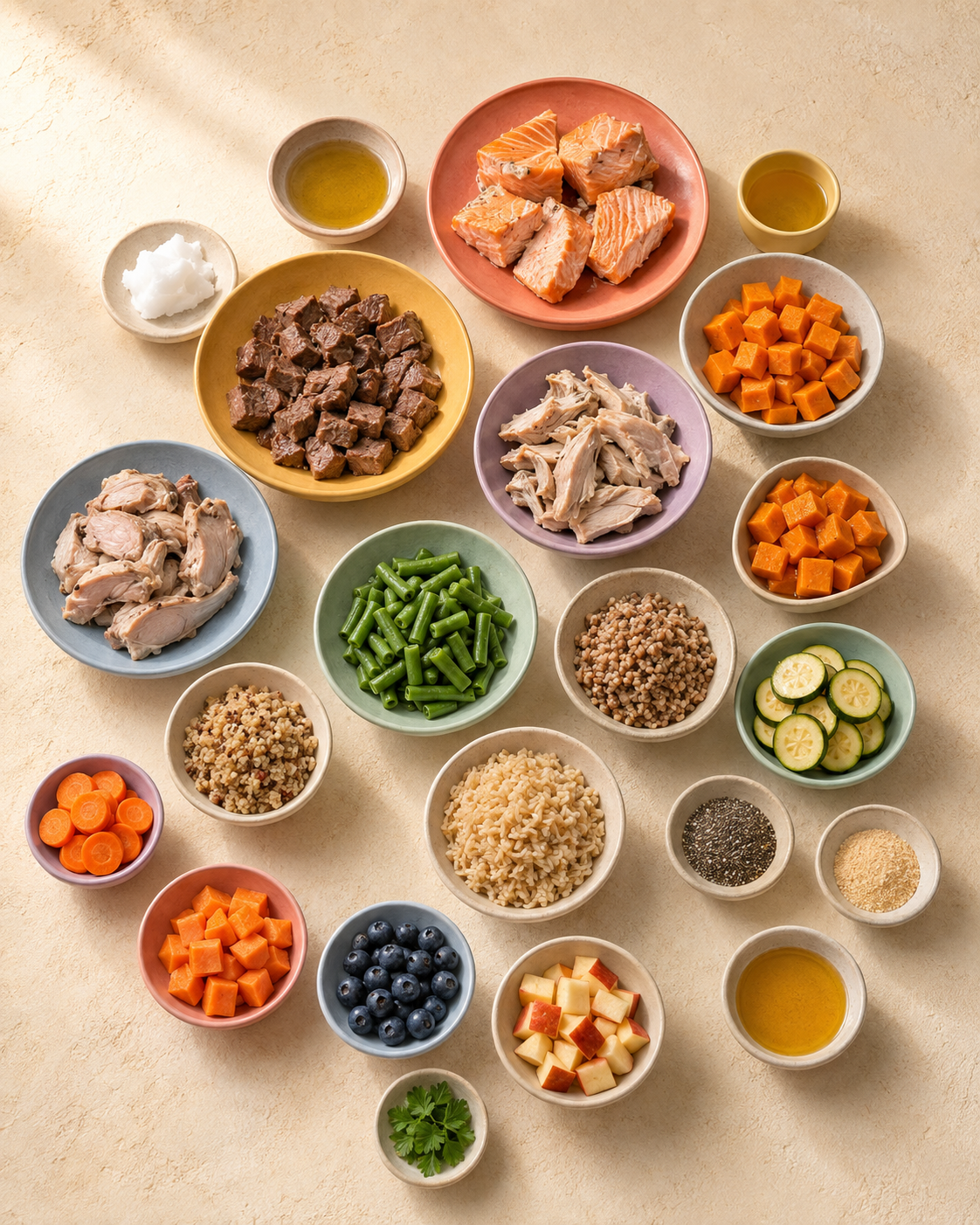Ingredientes frescos servidos en platos de colores