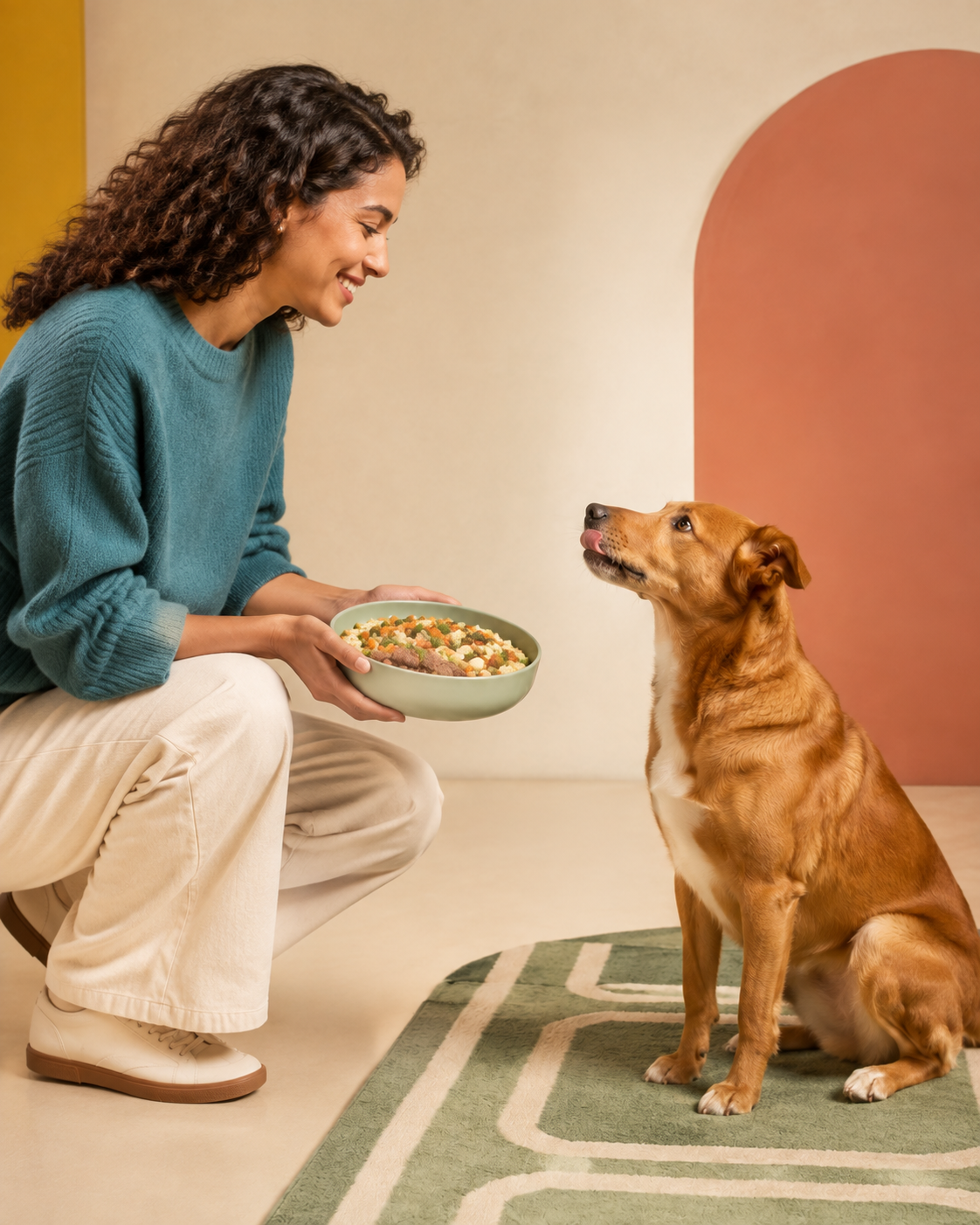 Una persona sirve un plato fresco a un perro
