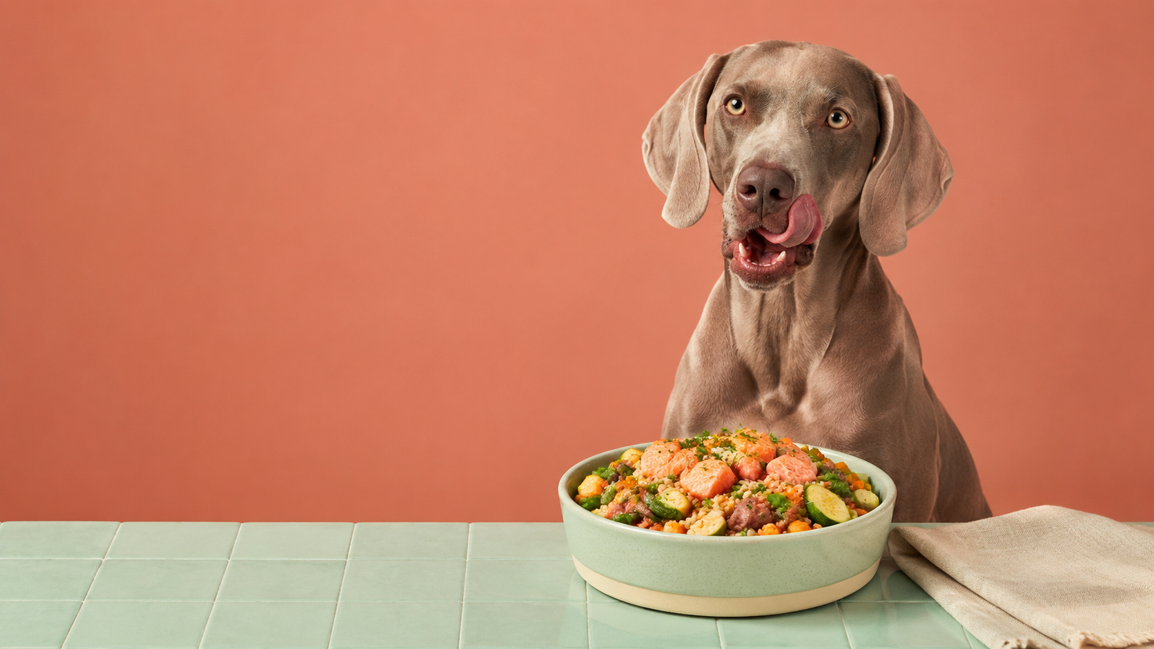 Un perro se relame frente a un plato fresco de salmón y verduras